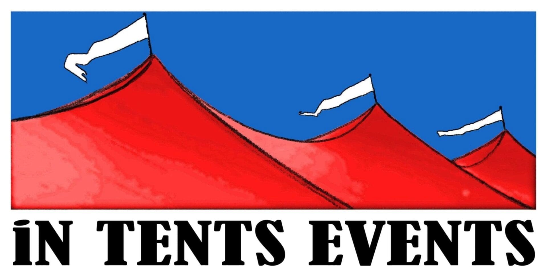 Illustration of red event tents with white flags on a blue background, with the pun "IN TENTS EVENTS" written below.