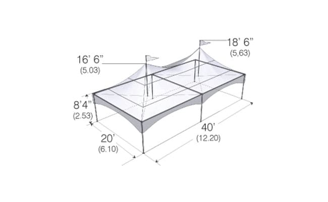 Technical drawing of a rectangular structure with dimensions labeled in feet and meters.