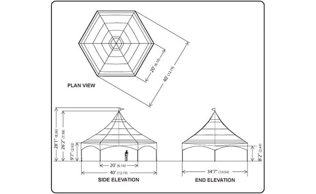 Technical drawing of a hexagonal structure showing plan view and elevations with dimensions.