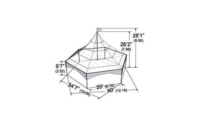 Technical drawing of an octagonal gazebo with dimensions labeled in feet and meters.