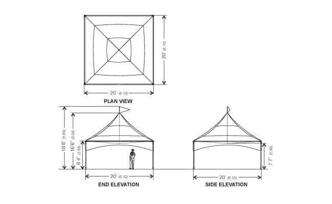 Technical drawings of a structure showing plan, end elevation, and side elevation views, with dimensions labeled.