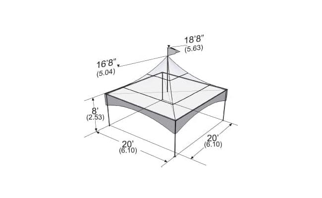 Technical drawing of a canopy with dimensions listed in feet and meters, featuring an overhead view with height and width annotations.