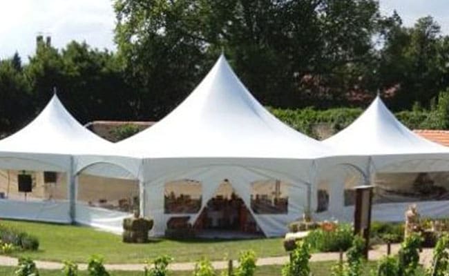 White canopy tents set up for an outdoor event in a garden with greenery in the background.