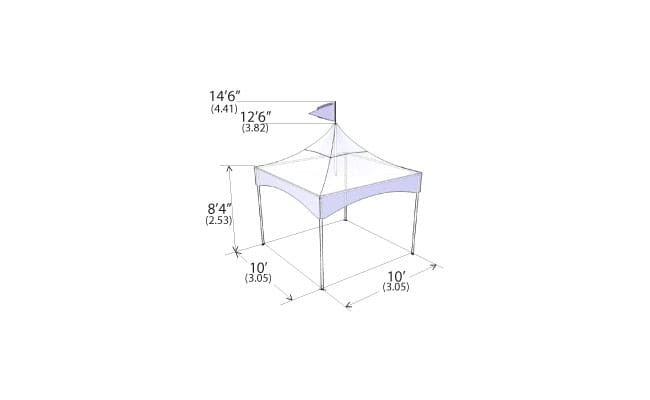 Technical drawing of a canopy tent with dimensions labeled in feet and meters, depicted in a 3D perspective view with a purple accent on the canopy's top edges.