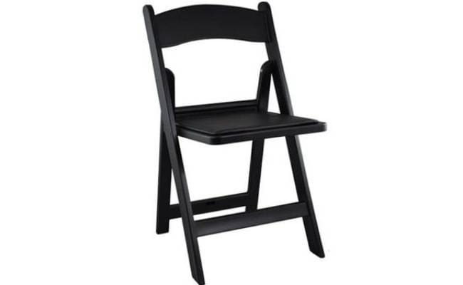 Black folding chair with a slatted backrest and flat seat, isolated on a white background.