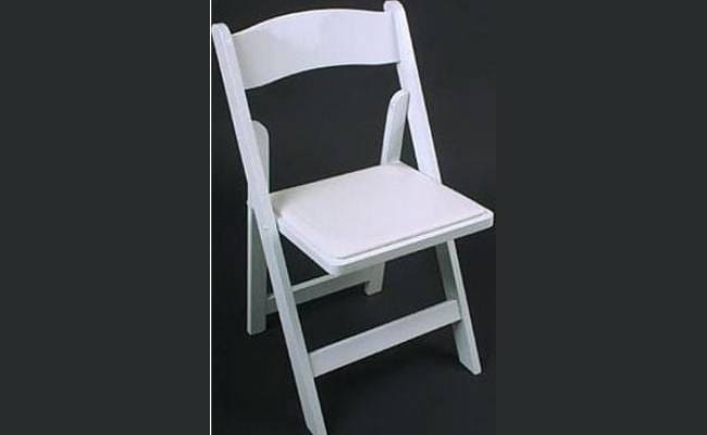 A white folding chair with a curved backrest, set against a gray background.