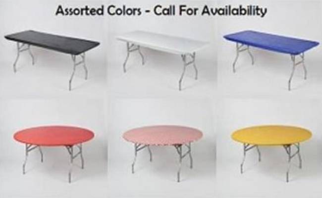 Six folding tables in assorted colors (black, white, blue, red, pink, yellow) displayed against a grey background with the text "Assorted Colors - Call For Availability.