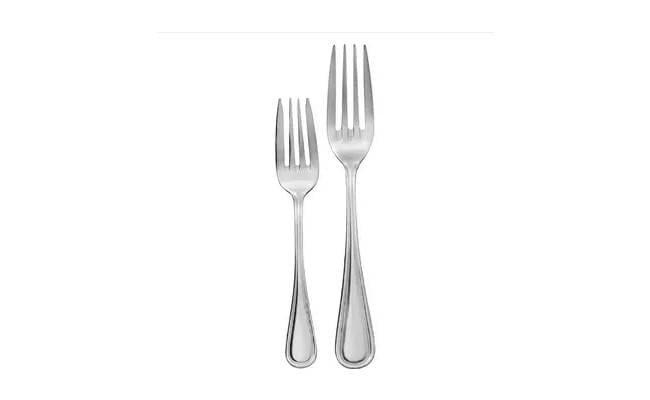 Two stainless steel forks with polished finish, lying parallel on a white background.