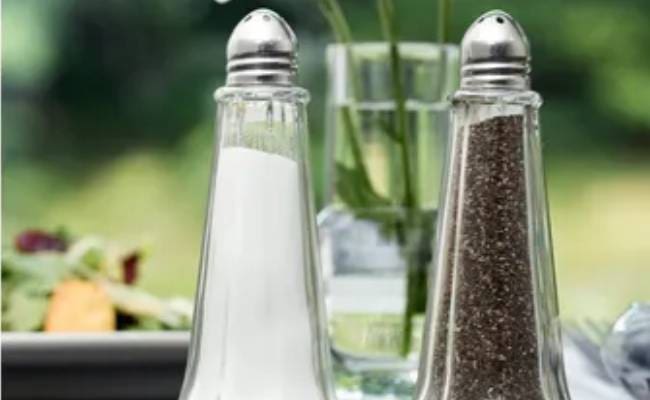 Close-up of salt and pepper shakers on a table with a blurred green garden background.